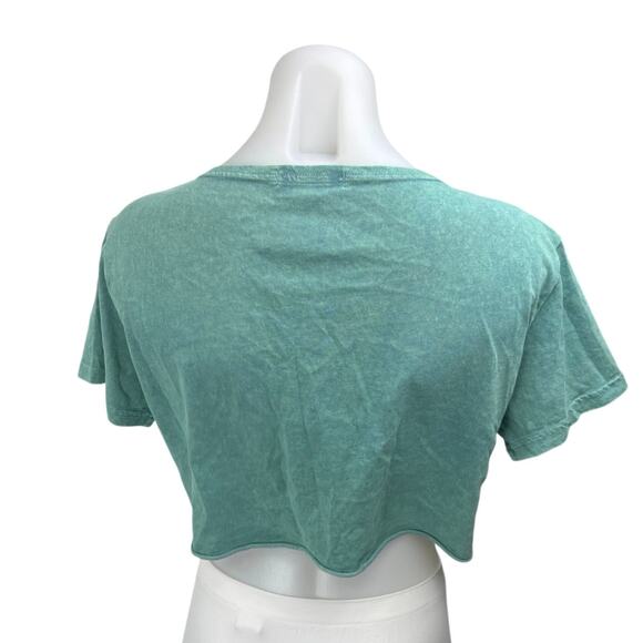 Adika Women's Blue Skull Keyhole V-Neck Short Sleeve Distressed Crop Shirt Top M - Picture 2 of 5